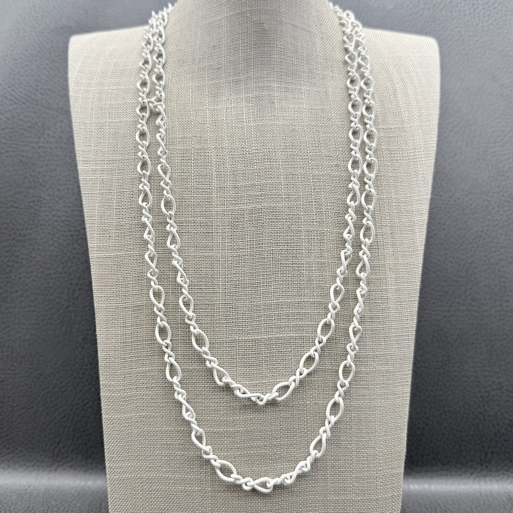 Vintage Monet Twisted Link Necklace 48in White Enamel Gold Tone Designer Signed